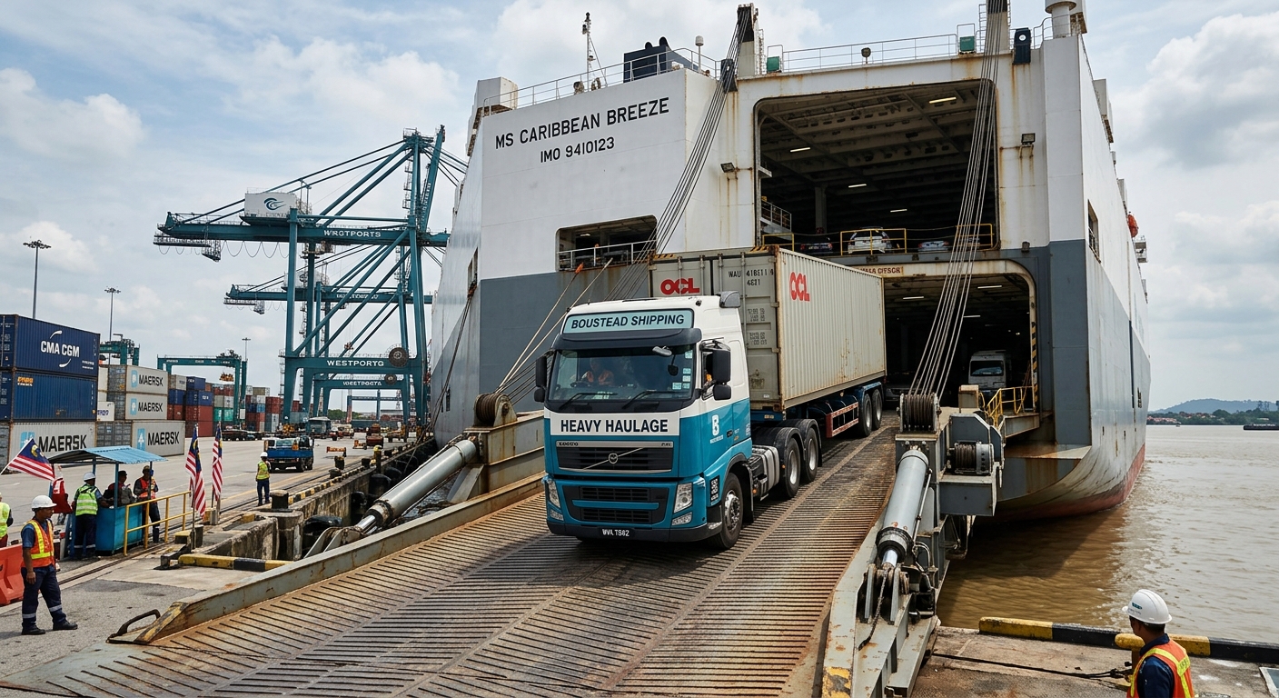 Heavy haulage lorry loading onto a RoRo vessel